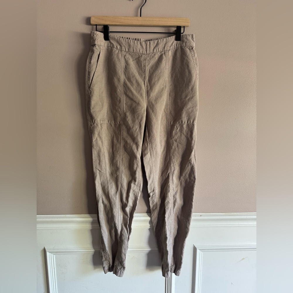 Eileen Fisher Linen Wide Leg Tapered Cropped Pants Khaki Small Elastic Waist